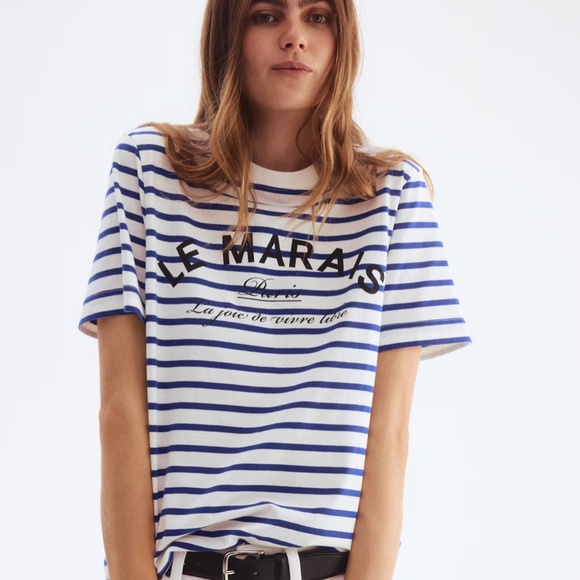 H&M Striped White and Blue Graphic Le Marais T-Shirt - Picture 2 of 8